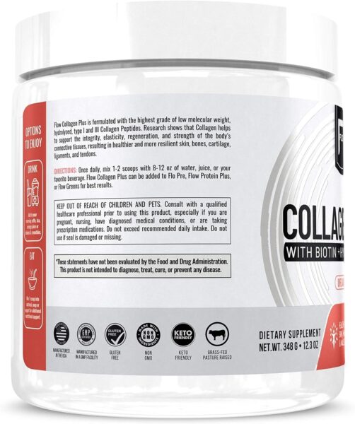 Flow Supplements Collagen Peptides Protein Powder Collagen Supplements with Hyaluronic Acid + Biotin Hydrolyzed Collagen Peptides Multi Collagen Powder Type I and III – 348 Gram (Pack of 1)