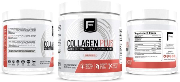 Flow Supplements Collagen Peptides Protein Powder Collagen Supplements with Hyaluronic Acid + Biotin Hydrolyzed Collagen Peptides Multi Collagen Powder Type I and III – 348 Gram (Pack of 1)