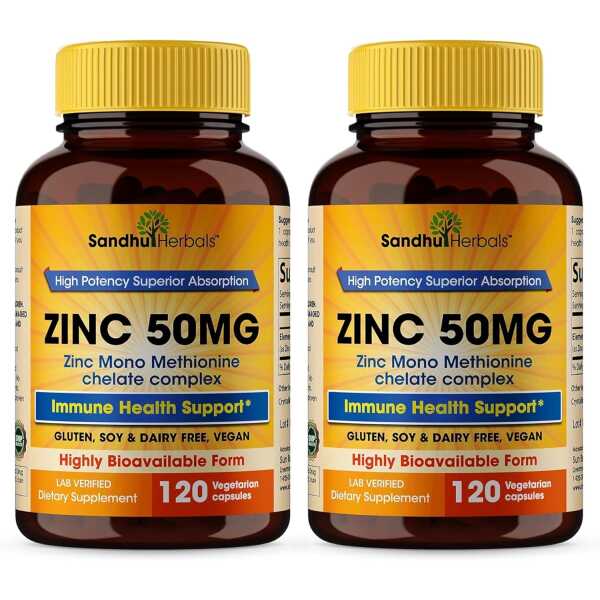 Sandhu Herbals Zinc 50mg Supplement for Men & Women| High Absorption Zinc Monomethionine Complex 120 Capsules (Pack of 2)| Zinc Supplements for Immune, Acne & Antioxidant Support| Made in The USA