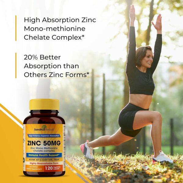 Sandhu Herbals Zinc 50mg Supplement for Men & Women| High Absorption Zinc Monomethionine Complex 120 Capsules (Pack of 2)| Zinc Supplements for Immune, Acne & Antioxidant Support| Made in The USA