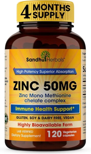 Sandhu Herbals Zinc 50mg Supplement for Men & Women| High Absorption Zinc Monomethionine Complex 120 Capsules (Pack of 2)| Zinc Supplements for Immune, Acne & Antioxidant Support| Made in The USA