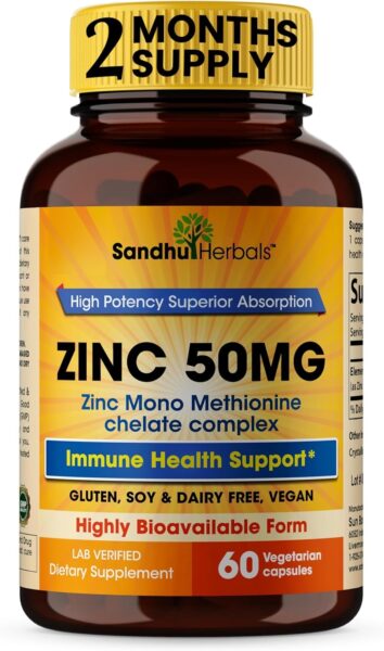 Sandhu Herbals Zinc 50mg Supplement for Men & Women| High Absorption Zinc Monomethionine Complex 120 Capsules (Pack of 2)| Zinc Supplements for Immune, Acne & Antioxidant Support| Made in The USA