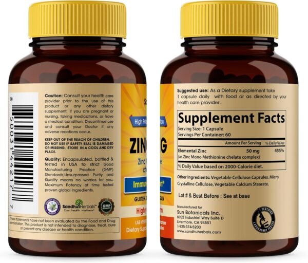 Sandhu Herbals Zinc 50mg Supplement for Men & Women| High Absorption Zinc Monomethionine Complex 120 Capsules (Pack of 2)| Zinc Supplements for Immune, Acne & Antioxidant Support| Made in The USA