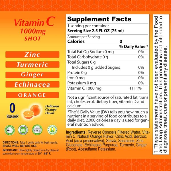 Vitamin C Shot 1000MG – Immunity Booster with Zinc, Turmeric, Ginger, & Echinacea – Protect Your Immunity – Fight The Common Cold – Orange Flavor – 2.5 FL OZ per Bottle – 20 Pack