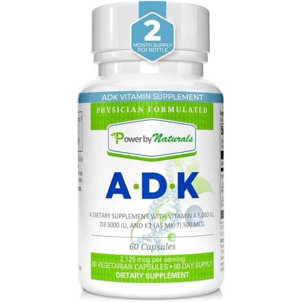 Power By Naturals ADK Vitamin Supplement: Vitamin A, Vitamin D3 5000 iu, and Vitamin K2 MK-7, Support Bone Health Vitamin ADK Supplement, Pure Vitamin D3 K2 MK7 & A, 60 Capsules (2 Month Supply)