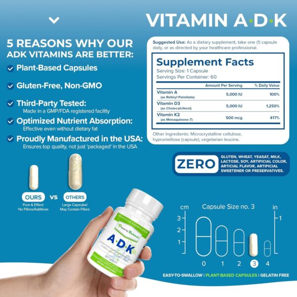 Power By Naturals ADK Vitamin Supplement: Vitamin A, Vitamin D3 5000 iu, and Vitamin K2 MK-7, Support Bone Health Vitamin ADK Supplement, Pure Vitamin D3 K2 MK7 & A, 60 Capsules (2 Month Supply)