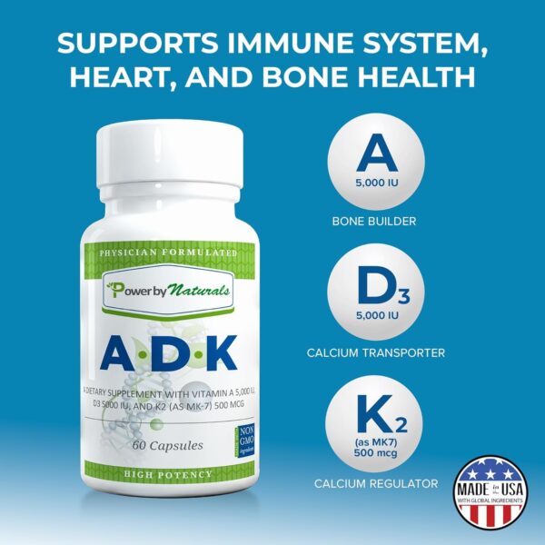 Power By Naturals ADK Vitamin Supplement: Vitamin A, Vitamin D3 5000 iu, and Vitamin K2 MK-7, Support Bone Health Vitamin ADK Supplement, Pure Vitamin D3 K2 MK7 & A, 60 Capsules (2 Month Supply)