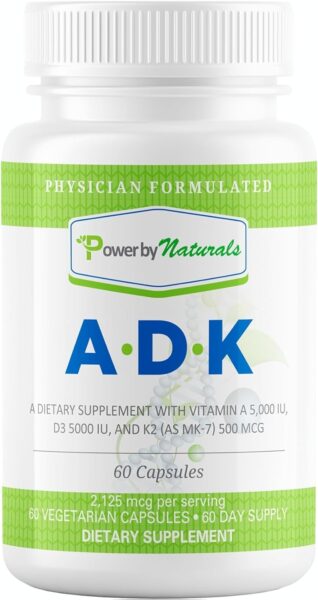 Power By Naturals ADK Vitamin Supplement: Vitamin A, Vitamin D3 5000 iu, and Vitamin K2 MK-7, Support Bone Health Vitamin ADK Supplement, Pure Vitamin D3 K2 MK7 & A, 60 Capsules (2 Month Supply)