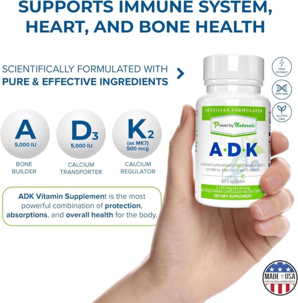 Power By Naturals ADK Vitamin Supplement: Vitamin A, Vitamin D3 5000 iu, and Vitamin K2 MK-7, Support Bone Health Vitamin ADK Supplement, Pure Vitamin D3 K2 MK7 & A, 60 Capsules (2 Month Supply)