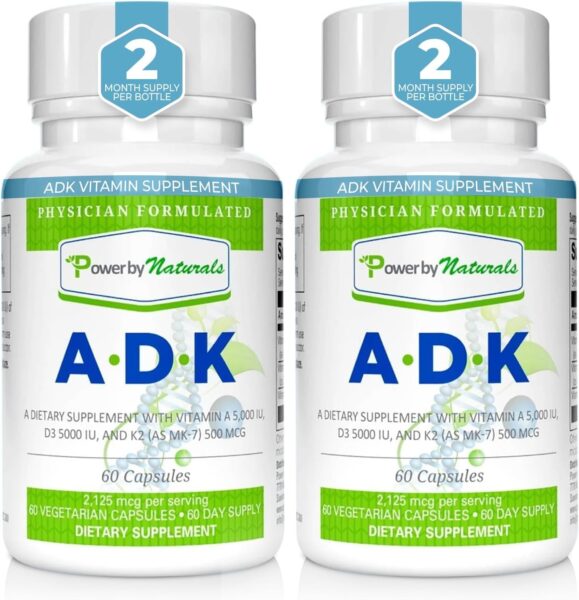 Power By Naturals ADK Vitamin Supplement: Vitamin A, Vitamin D3 5000 iu, and Vitamin K2 MK-7, Support Bone Health Vitamin ADK Supplement, Pure Vitamin D3 K2 MK7 & A, 60 Capsules (2 Month Supply)