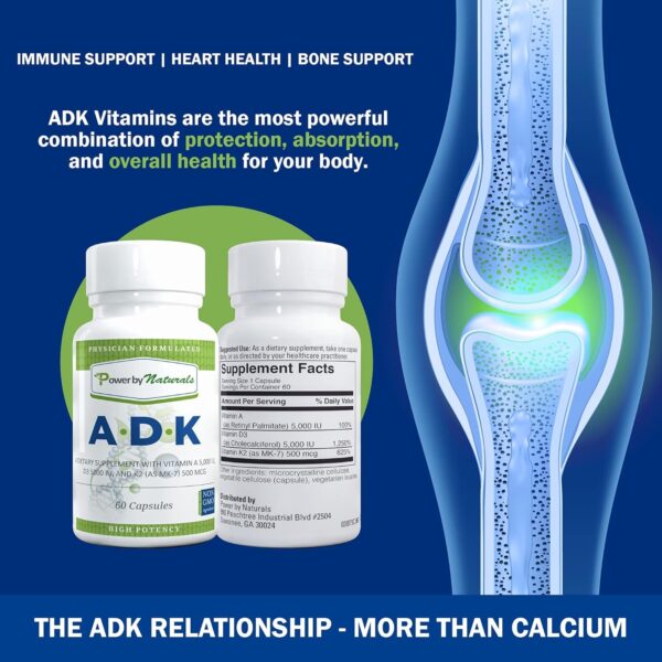 Power By Naturals ADK Vitamin Supplement: Vitamin A, Vitamin D3 5000 iu, and Vitamin K2 MK-7, Support Bone Health Vitamin ADK Supplement, Pure Vitamin D3 K2 MK7 & A, 60 Capsules (2 Month Supply)