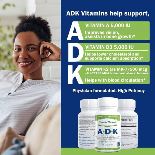 Power By Naturals ADK Vitamin Supplement: Vitamin A, Vitamin D3 5000 iu, and Vitamin K2 MK-7, Support Bone Health Vitamin ADK Supplement, Pure Vitamin D3 K2 MK7 & A, 60 Capsules (2 Month Supply)