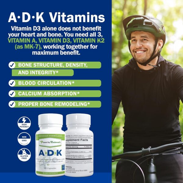 Power By Naturals ADK Vitamin Supplement: Vitamin A, Vitamin D3 5000 iu, and Vitamin K2 MK-7, Support Bone Health Vitamin ADK Supplement, Pure Vitamin D3 K2 MK7 & A, 60 Capsules (2 Month Supply)