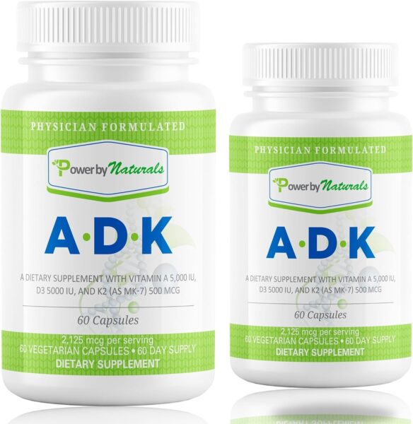 Power By Naturals ADK Vitamin Supplement: Vitamin A, Vitamin D3 5000 iu, and Vitamin K2 MK-7, Support Bone Health Vitamin ADK Supplement, Pure Vitamin D3 K2 MK7 & A, 60 Capsules (2 Month Supply)