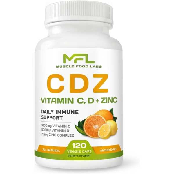 | C D Z | Vitamin C, 1000mg | Vitamin D3, 125mcg | Zinc, 25mg | Non-GMO & Gluten Free | 120 Vegetarian Capsules |120 Servings