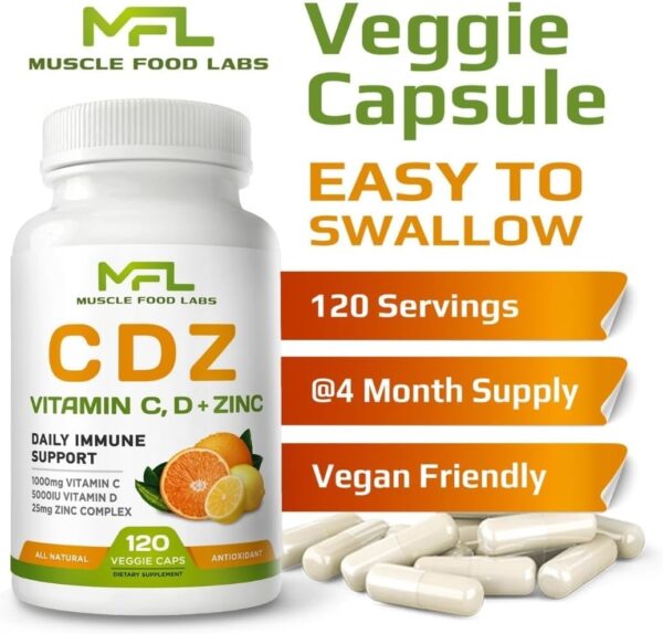 | C D Z | Vitamin C, 1000mg | Vitamin D3, 125mcg | Zinc, 25mg | Non-GMO & Gluten Free | 120 Vegetarian Capsules |120 Servings