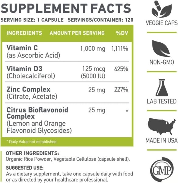 | C D Z | Vitamin C, 1000mg | Vitamin D3, 125mcg | Zinc, 25mg | Non-GMO & Gluten Free | 120 Vegetarian Capsules |120 Servings