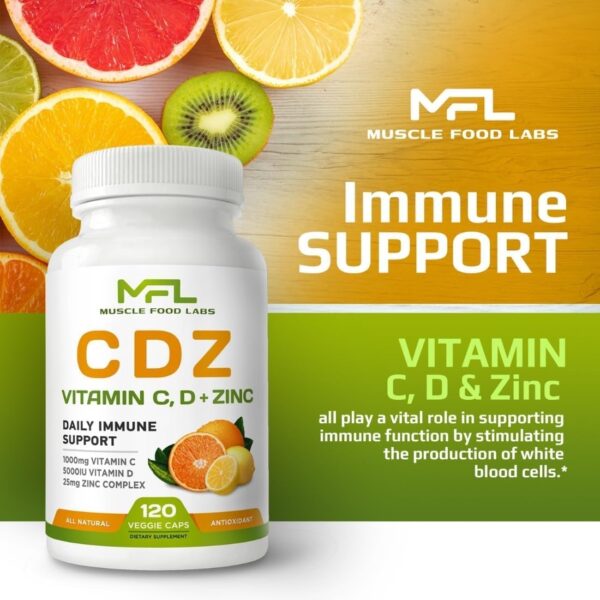 | C D Z | Vitamin C, 1000mg | Vitamin D3, 125mcg | Zinc, 25mg | Non-GMO & Gluten Free | 120 Vegetarian Capsules |120 Servings