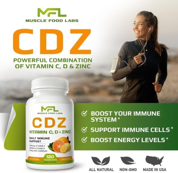 | C D Z | Vitamin C, 1000mg | Vitamin D3, 125mcg | Zinc, 25mg | Non-GMO & Gluten Free | 120 Vegetarian Capsules |120 Servings