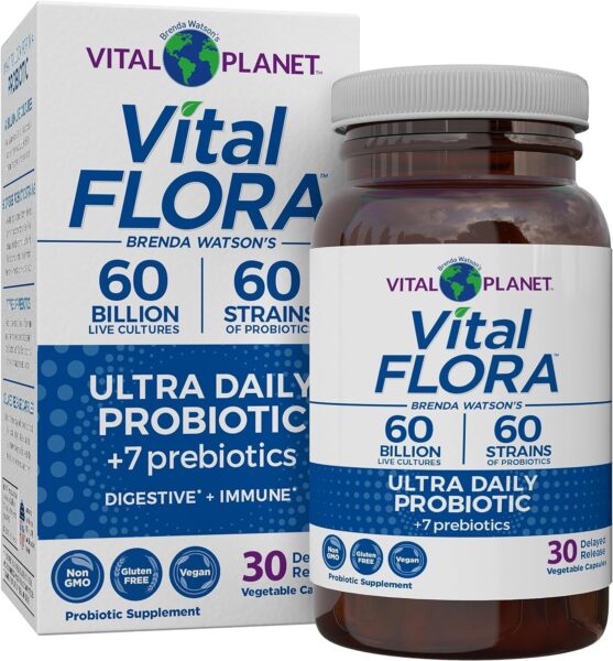 Vital Planet – Vital Flora Ultra Daily Probiotic 60 Billion CFU, Diverse Strains, Organic Prebiotics, Immune Support, Bloating Relief, Digestive Health Probiotics for Women and Men 60 Capsules