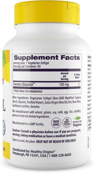 Healthy Origins Ubiquinol Vegan Formula (Active Form of CoQ10), 100 mg – Kaneka Ubiquinol Supplement for Heart Health & Antioxidant Support – Vegan, Gluten-Free & Non-GMO Supplement – 60 Veggie Gels