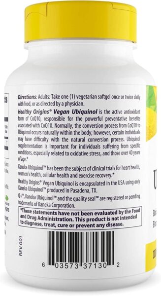 Healthy Origins Ubiquinol Vegan Formula (Active Form of CoQ10), 100 mg – Kaneka Ubiquinol Supplement for Heart Health & Antioxidant Support – Vegan, Gluten-Free & Non-GMO Supplement – 60 Veggie Gels