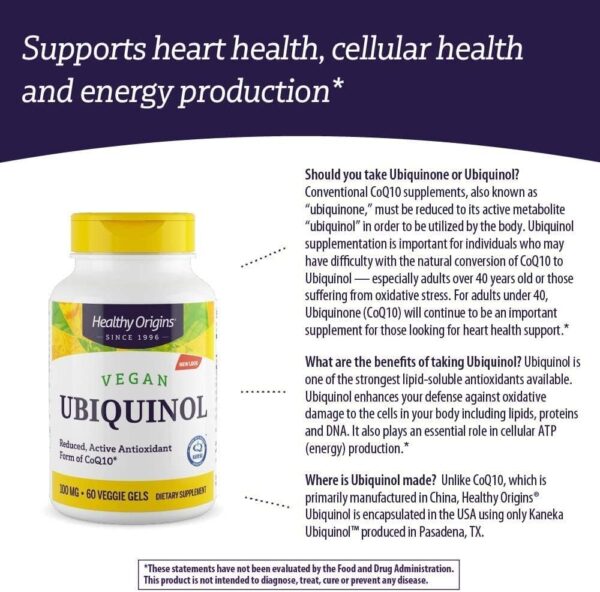 Healthy Origins Ubiquinol Vegan Formula (Active Form of CoQ10), 100 mg – Kaneka Ubiquinol Supplement for Heart Health & Antioxidant Support – Vegan, Gluten-Free & Non-GMO Supplement – 60 Veggie Gels