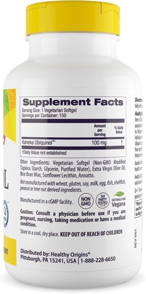 Healthy Origins Ubiquinol Vegan Formula (Active Form of CoQ10), 100 mg – Kaneka Ubiquinol Supplement for Heart Health & Antioxidant Support – Vegan, Gluten-Free & Non-GMO Supplement – 60 Veggie Gels