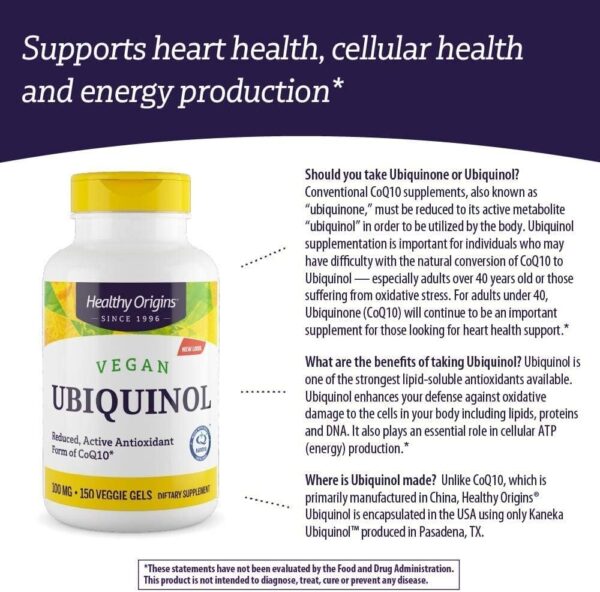 Healthy Origins Ubiquinol Vegan Formula (Active Form of CoQ10), 100 mg – Kaneka Ubiquinol Supplement for Heart Health & Antioxidant Support – Vegan, Gluten-Free & Non-GMO Supplement – 60 Veggie Gels