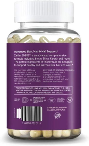 Zahler Shine, Hair Growth Supplement, Skin Hair and Nails Vitamins with Biotin, Certified Kosher, 120 Capsules