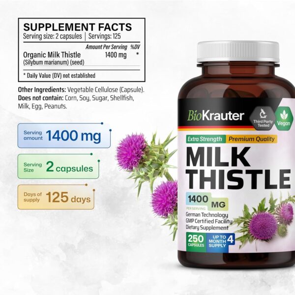 MAUWE Herbs Milk Thistle Organic Capsules – Liver Cleanse, Detox & Repair Supplement – 250 Vegan Silymarin Pills Liver – Milk Thistle Powder 1400 mg – Non GMO