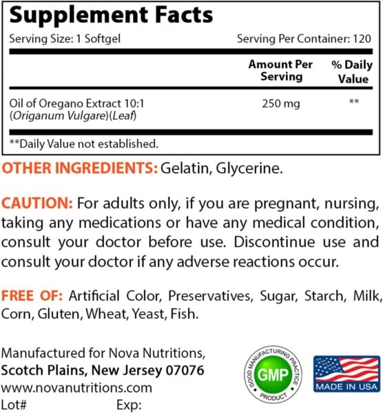 Nova Nutritions Oregano Oil 250 mg 10:1 Extract – Non-GMO & Gluten Free – Oil of Oregano Pills – Immune Support – 120 Softgels