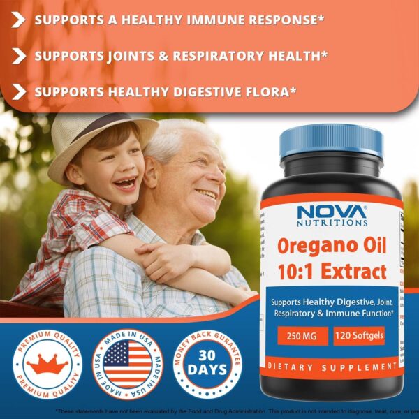 Nova Nutritions Oregano Oil 250 mg 10:1 Extract – Non-GMO & Gluten Free – Oil of Oregano Pills – Immune Support – 120 Softgels