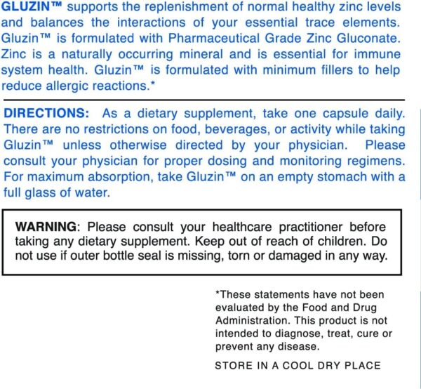 Gluzin OTC ZINC – Gluzin – Pharmaceutical Grade Zinc, 50mg, (2 Bottles – 120 Capsules)