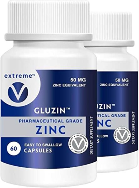 Gluzin OTC ZINC – Gluzin – Pharmaceutical Grade Zinc, 50mg, (2 Bottles – 120 Capsules)