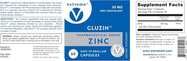 Gluzin OTC ZINC – Gluzin – Pharmaceutical Grade Zinc, 50mg, (2 Bottles – 120 Capsules)