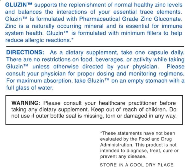 Gluzin OTC ZINC – Gluzin – Pharmaceutical Grade Zinc, 50mg, (2 Bottles – 120 Capsules)