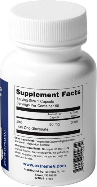 Gluzin OTC ZINC – Gluzin – Pharmaceutical Grade Zinc, 50mg, (2 Bottles – 120 Capsules)