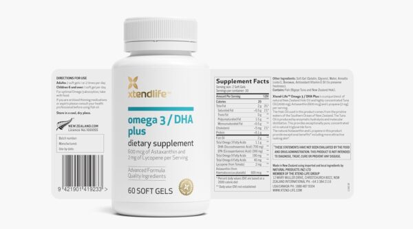 Xtendlife, Omega 3 DHA Plus, Full Spectrum Fish Oil with 700mg of DHA + Lycopene and Astaxanthin to Support Brain, Heart, Eye and Skin, 60 Soft Gels