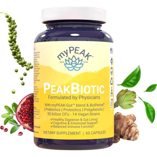 PeakBiotic: The Ultimate Vegan Synbiotic with 50 Billion CFU Probiotics Prebiotics Postbiotics Modbiotics and Gut Lining to Enhance Digestion, Skin, and Mood with 2-Month Supply, 60 Capsules