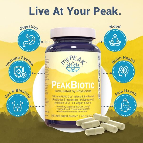 PeakBiotic: The Ultimate Vegan Synbiotic with 50 Billion CFU Probiotics Prebiotics Postbiotics Modbiotics and Gut Lining to Enhance Digestion, Skin, and Mood with 2-Month Supply, 60 Capsules