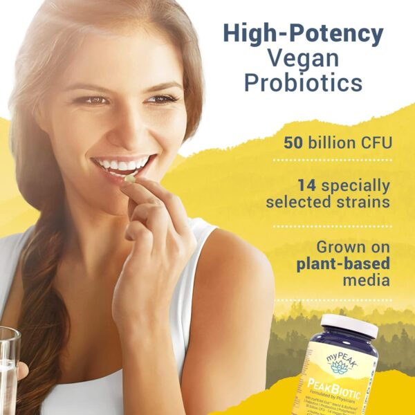 PeakBiotic: The Ultimate Vegan Synbiotic with 50 Billion CFU Probiotics Prebiotics Postbiotics Modbiotics and Gut Lining to Enhance Digestion, Skin, and Mood with 2-Month Supply, 60 Capsules