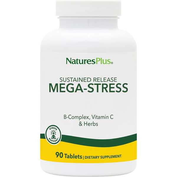 NaturesPlus Mega-Stress Complex, Sustained Release – 90 Vegetarian Tablets – B Complex, Vitamin C Supplement, Chamomile & Herbs – Gluten-Free – 90 Servings