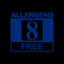 free of 8 major allergens milk eggs fish vrustacean shellfish tree nuts peanuts wheat soy