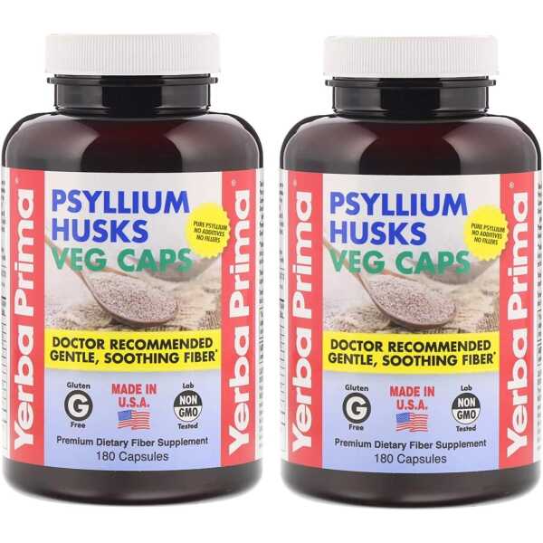 Yerba Prima Psyllium Husks Fiber Veg Caps – 180 (Pack of 2)