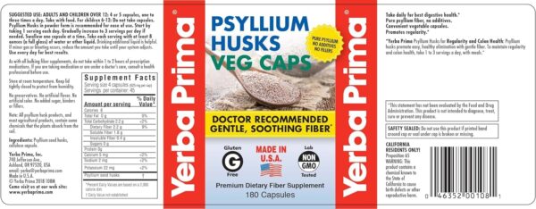 Yerba Prima Psyllium Husks Fiber Veg Caps – 180 (Pack of 2)