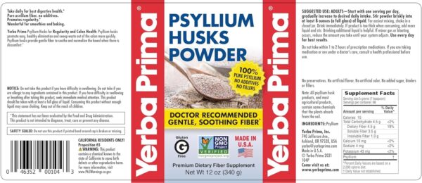 Yerba Prima Psyllium Husks Powder – 12 oz (Pack of 4) – Natural Fiber Supplement – Colon Cleanse – Gut Health – Vegan, Non-GMO, Gluten-Free (New Label – Packaging May Vary)