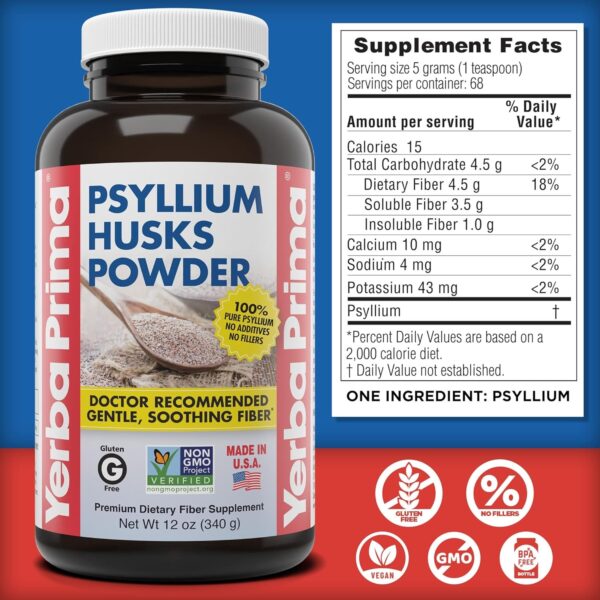 Yerba Prima Psyllium Husks Powder – 12 oz (Pack of 4) – Natural Fiber Supplement – Colon Cleanse – Gut Health – Vegan, Non-GMO, Gluten-Free (New Label – Packaging May Vary)