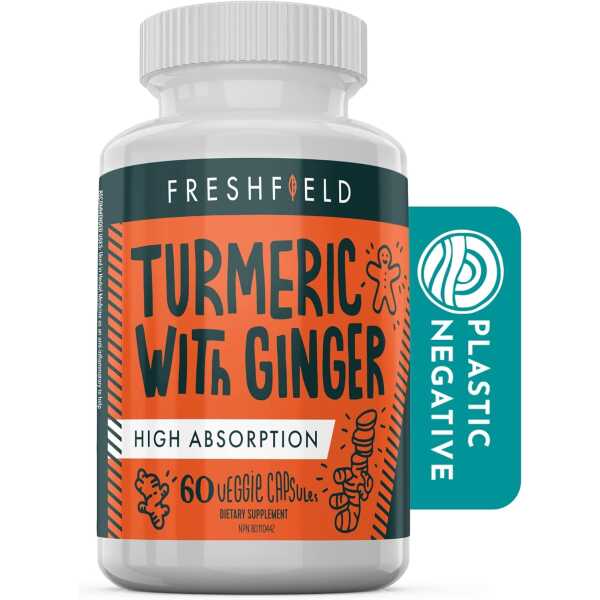 Freshfield Turmeric and Ginger w/Bioperine®: Vegan Friendly Curcumin Supplement Pills, 600mg of Bioactive Compounds, High Absorption, 95% Curcuminoids (Turmeric & Ginger)