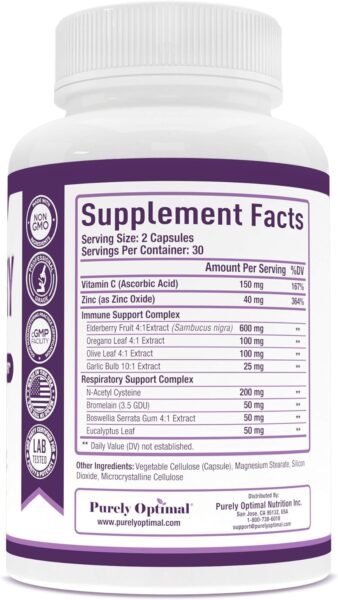 Purely Optimal Premium Black Elderberry Capsules – Sambucus Elderberry Pills for Adults, Sambucus Nigra Extract w/Vitamin C – Non-GMO, Gluten Free, 60 Veggie Capsules